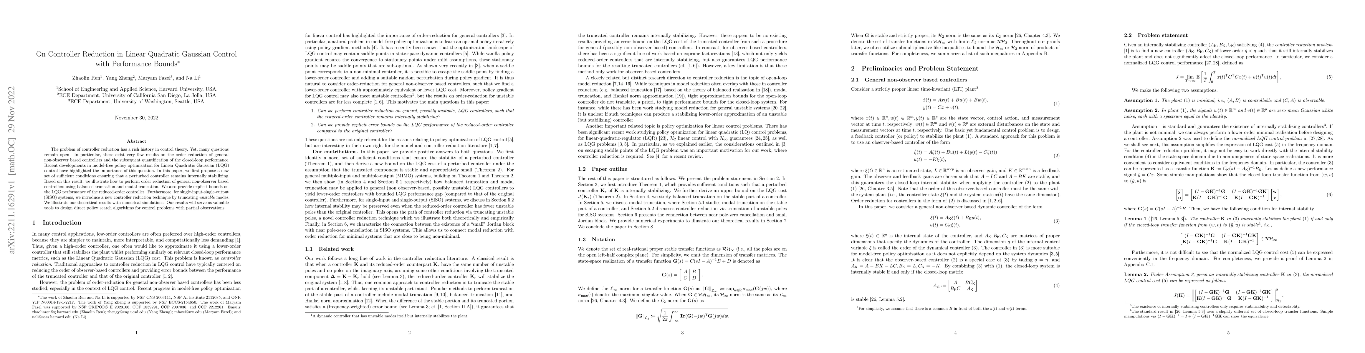 Thumbnail for On Controller Reduction in Linear Quadratic Gaussian Control with
  Performance Bounds