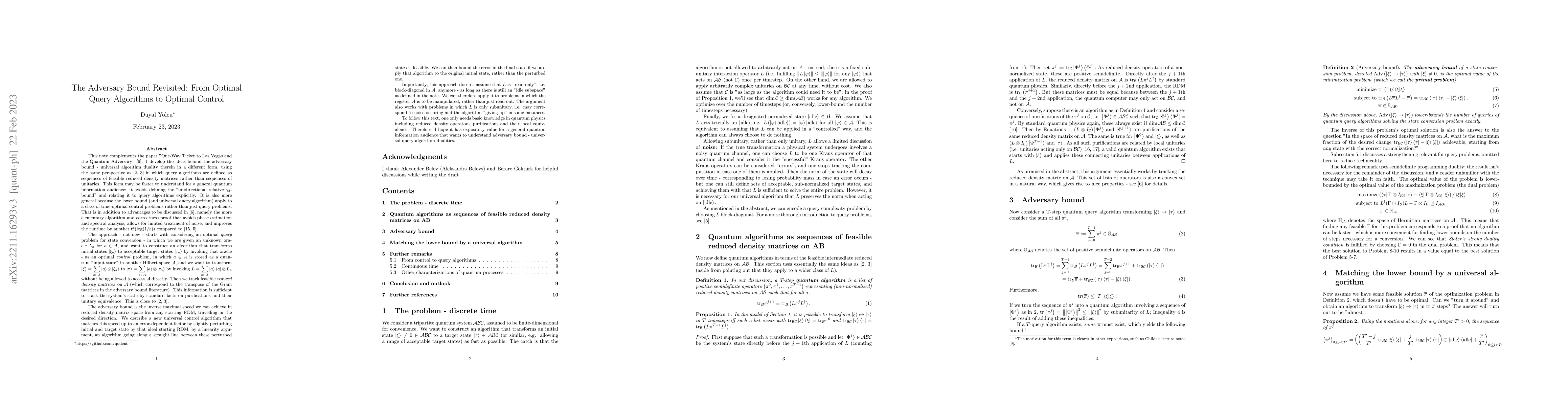 Thumbnail for The Adversary Bound Revisited: From Optimal Query Algorithms to Optimal
  Control