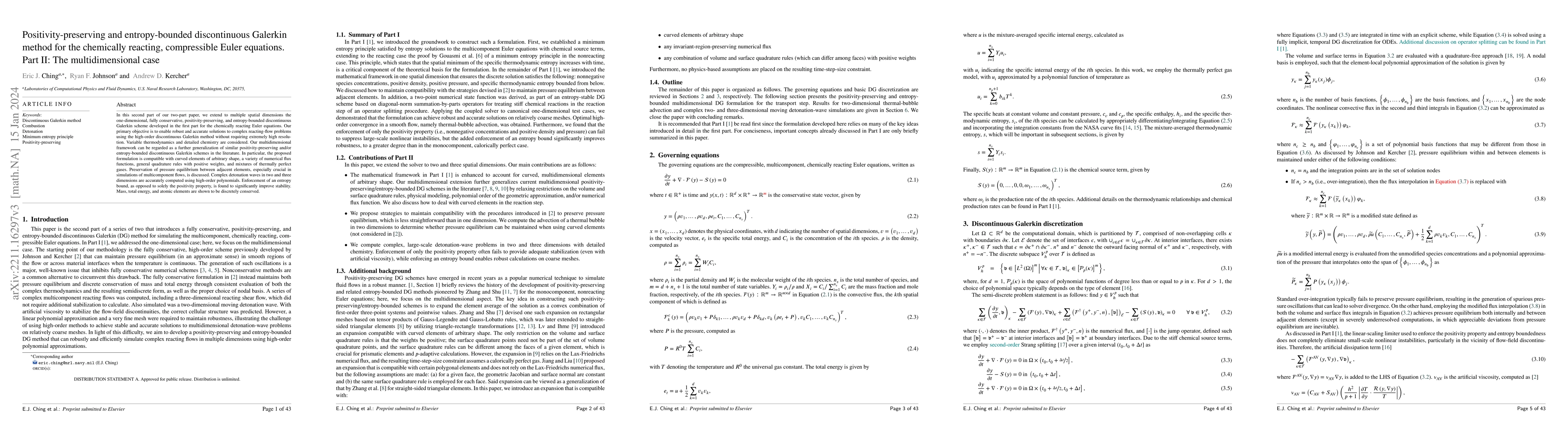 Thumbnail for Positivity-preserving and entropy-bounded discontinuous Galerkin method
  for the chemically reacting, compressible Euler equations. Part II: The
  multidimensional case
