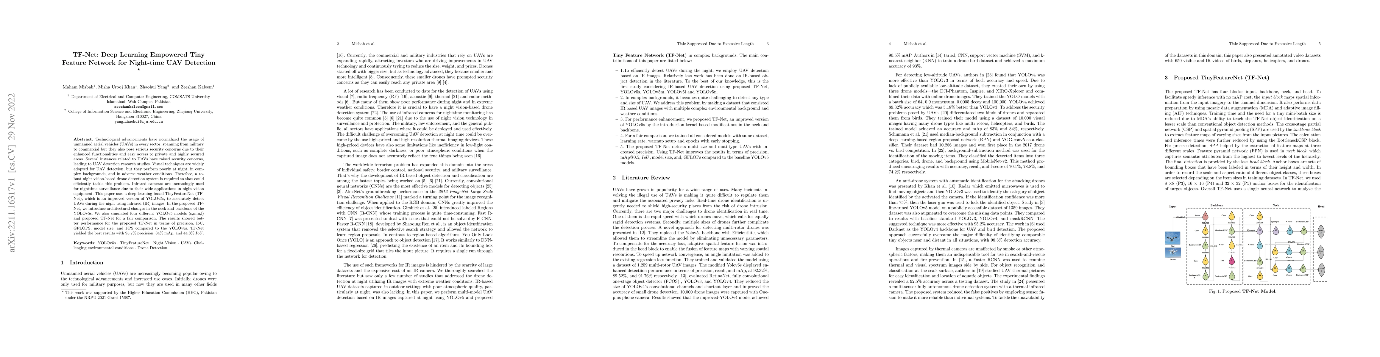 Thumbnail for TF-Net: Deep Learning Empowered Tiny Feature Network for Night-time UAV
  Detection