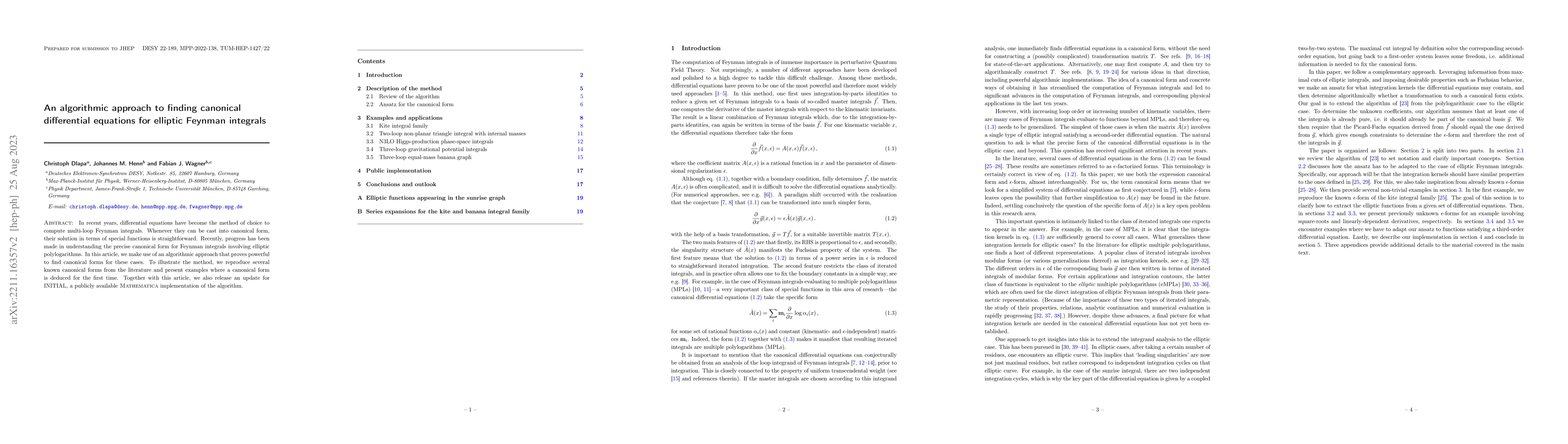 Thumbnail for An algorithmic approach to finding canonical differential equations for
  elliptic Feynman integrals