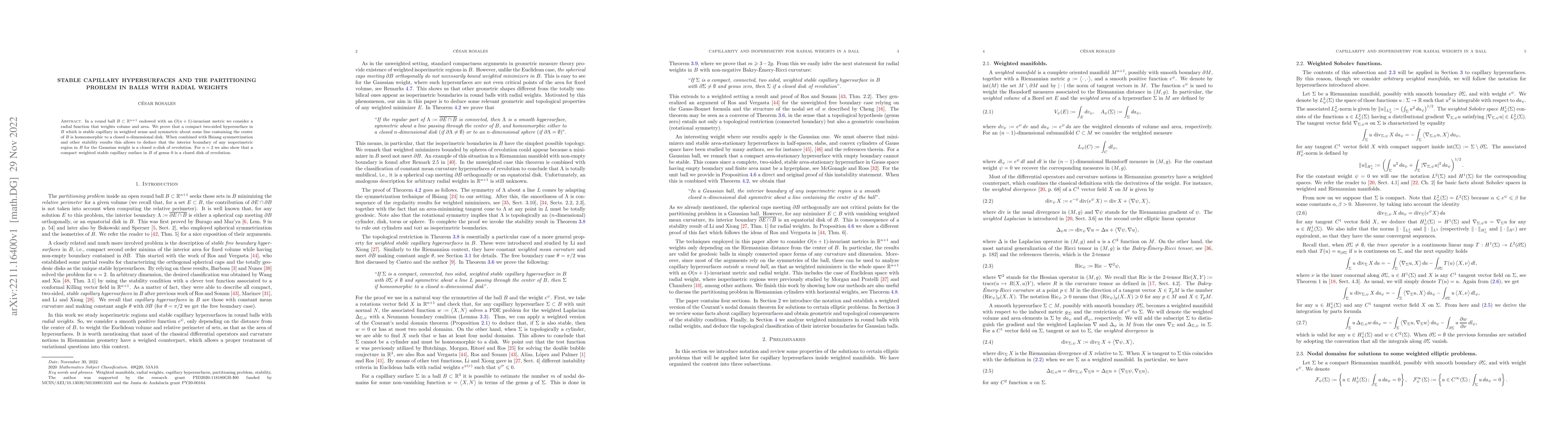 Thumbnail for Stable capillary hypersurfaces and the partitioning problem in balls
  with radial weights