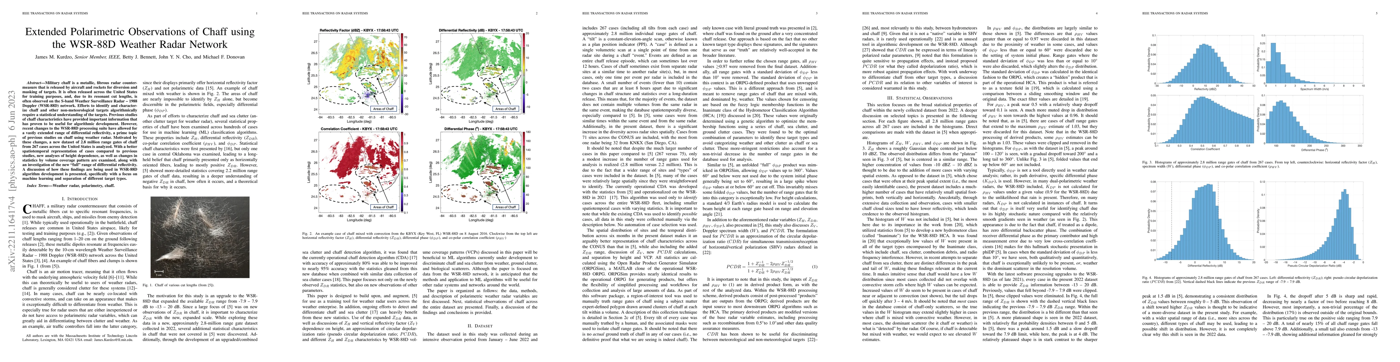 Thumbnail for Extended Polarimetric Observations of Chaff using the WSR-88D Weather
  Radar Network