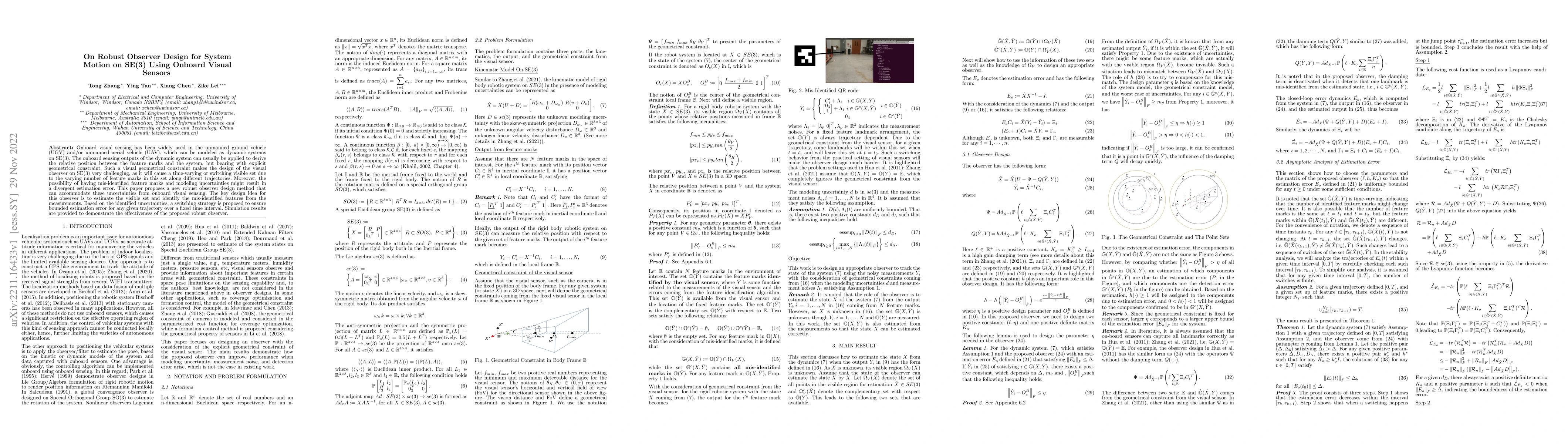 Thumbnail for On Robust Observer Design for System Motion on SE(3) Using Onboard
  Visual Sensors