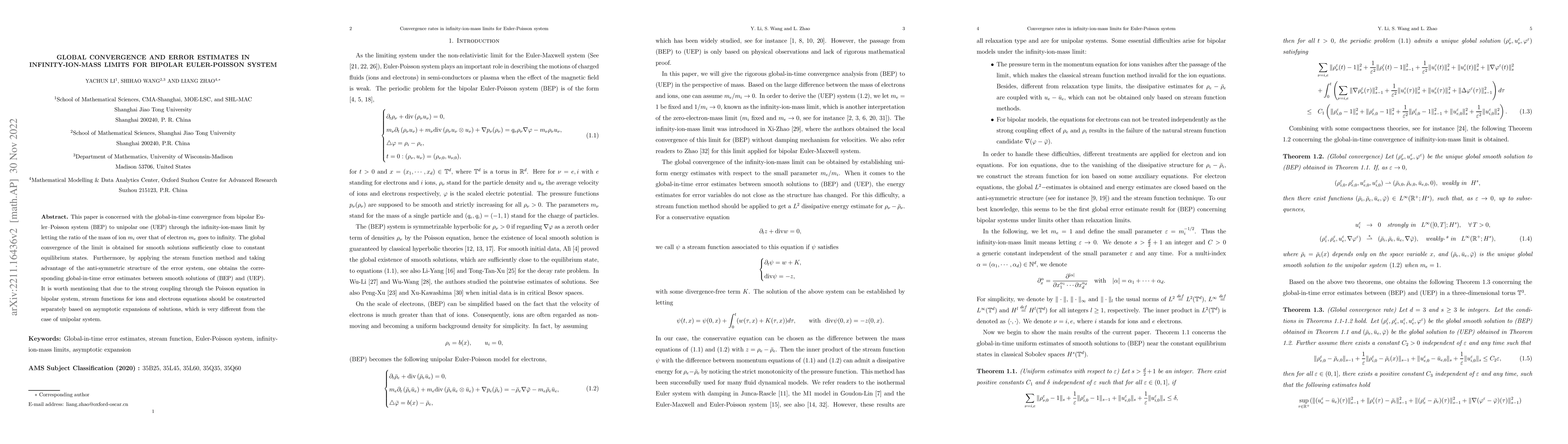 Thumbnail for Global Convergence and Error Estimates in Infinity-ion-mass Limits for
  Bipolar Euler-Poisson System