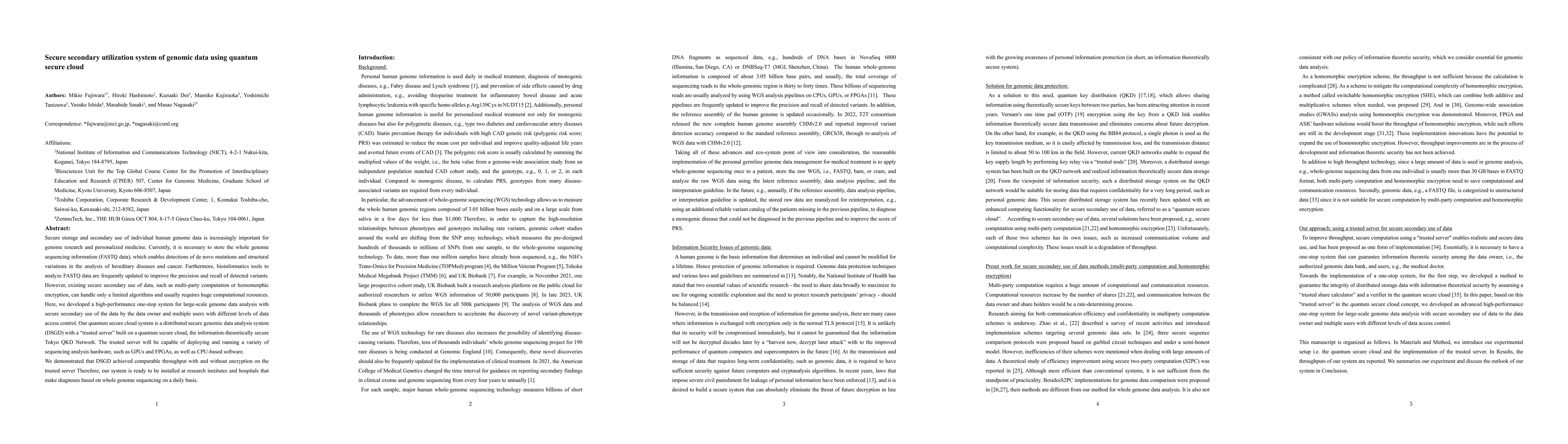 Thumbnail for Secure secondary utilization system of genomic data using quantum secure
  cloud