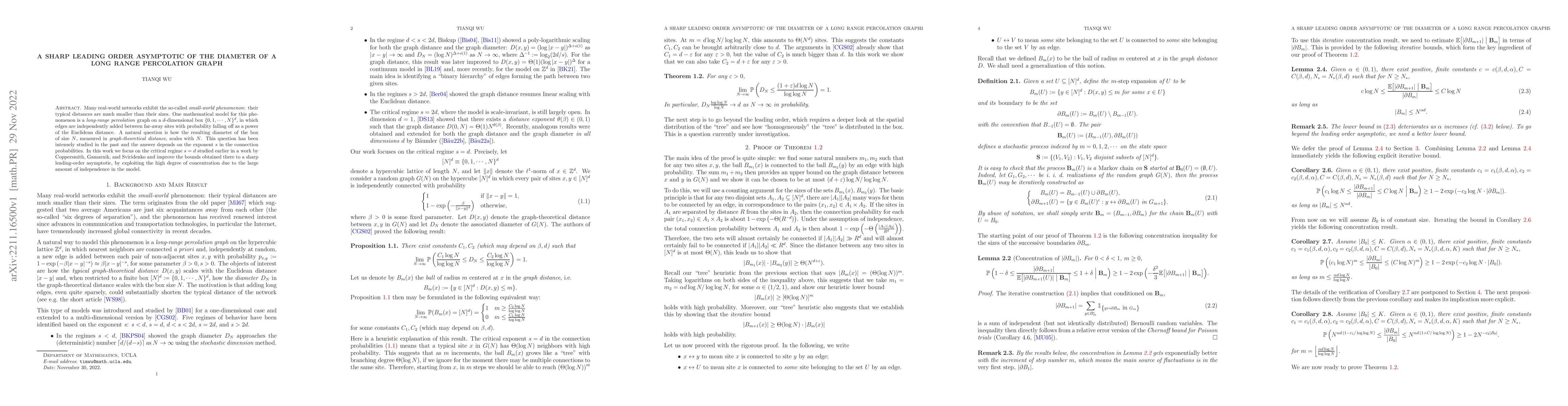 Thumbnail for A sharp leading order asymptotic of the diameter of a long range
  percolation graph