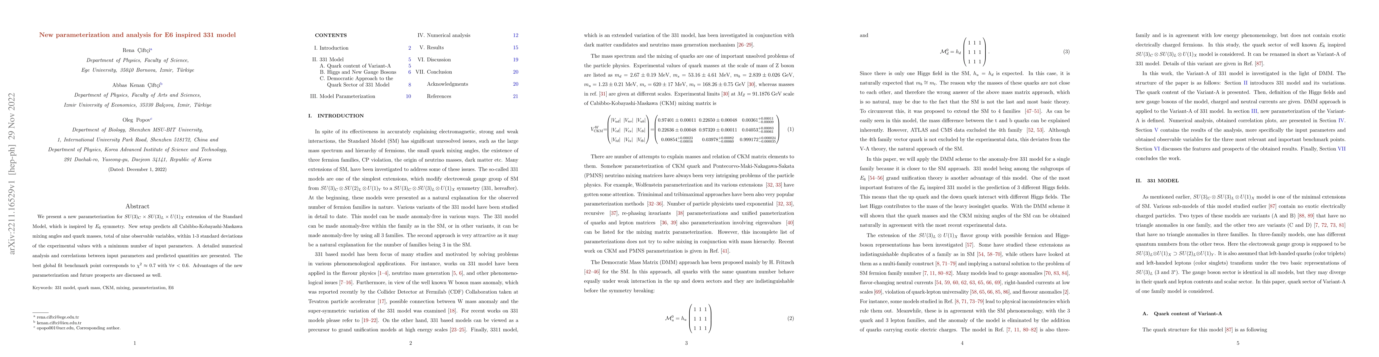 Thumbnail for New parameterization and analysis for E6 inspired 331 model