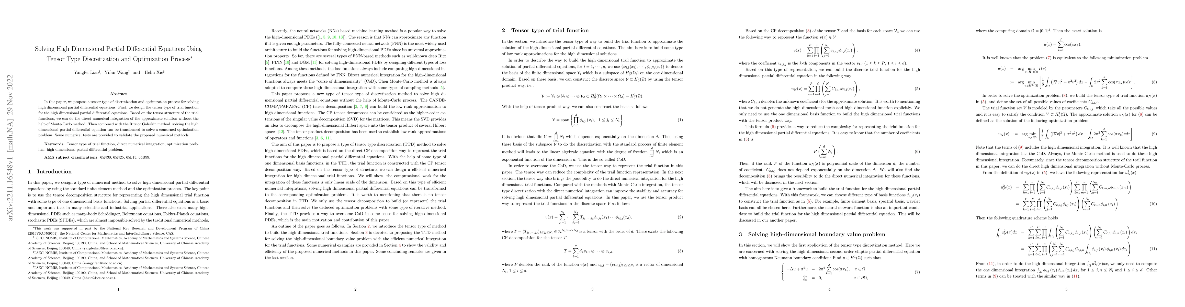 Thumbnail for Solving High Dimensional Partial Differential Equations Using Tensor
  Type Discretization and Optimization Process