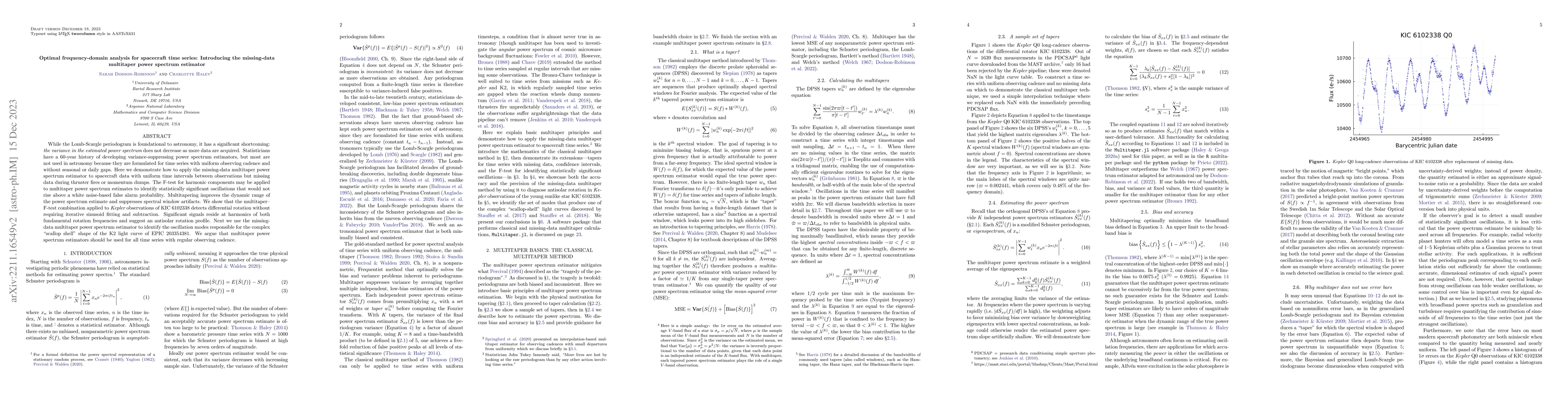 Thumbnail for Optimal frequency-domain analysis for spacecraft time series:
  Introducing the missing-data multitaper power spectrum estimator