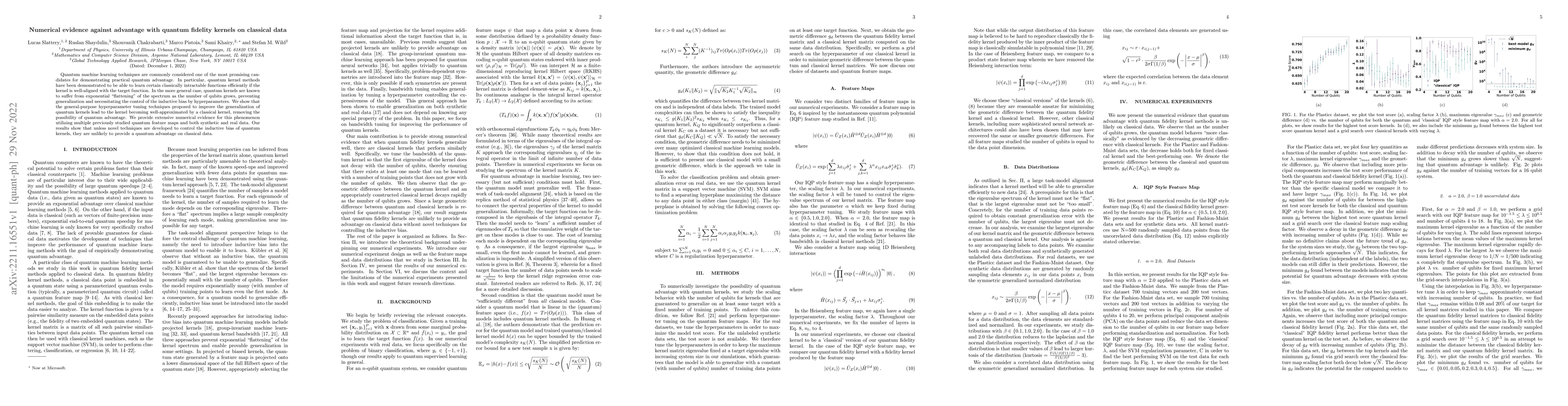 Thumbnail for Numerical evidence against advantage with quantum fidelity kernels on
  classical data
