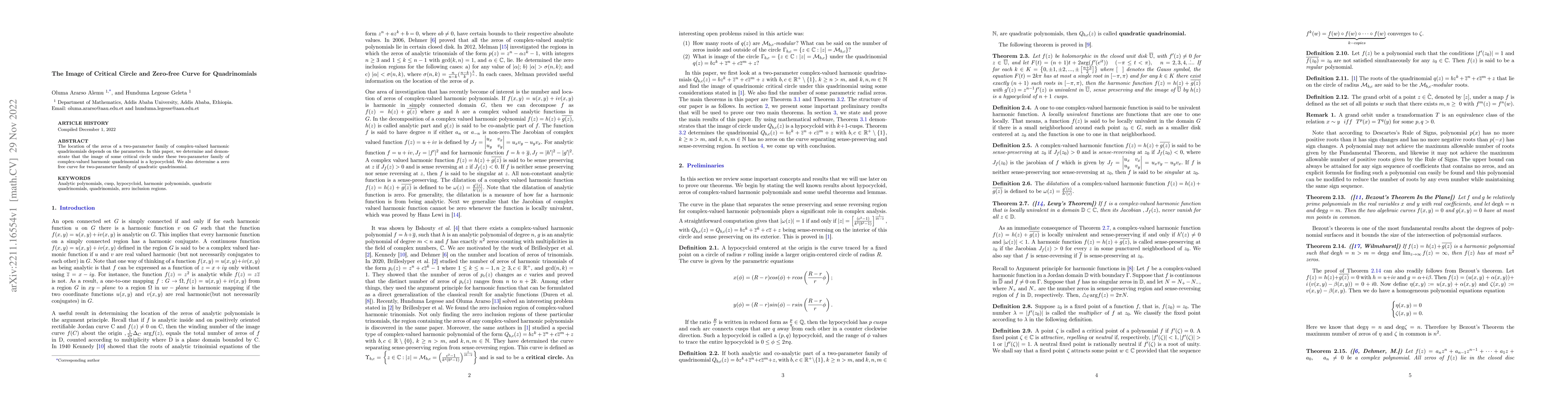 Thumbnail for The Image of Critical Circle and Zero-free Curve for Quadrinomials