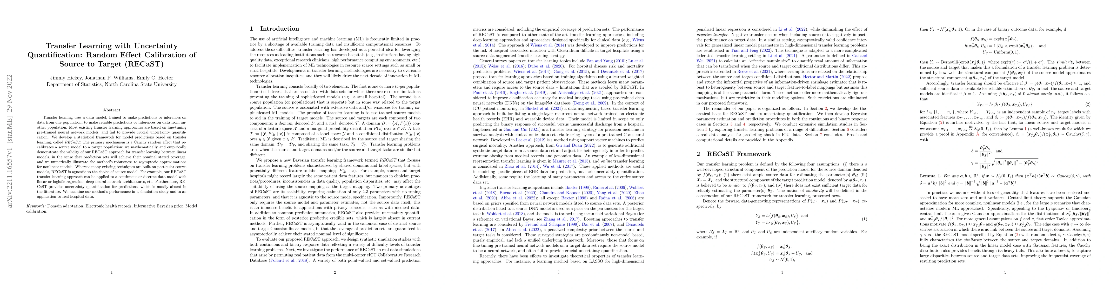 Thumbnail for Transfer Learning with Uncertainty Quantification: Random Effect
  Calibration of Source to Target (RECaST)