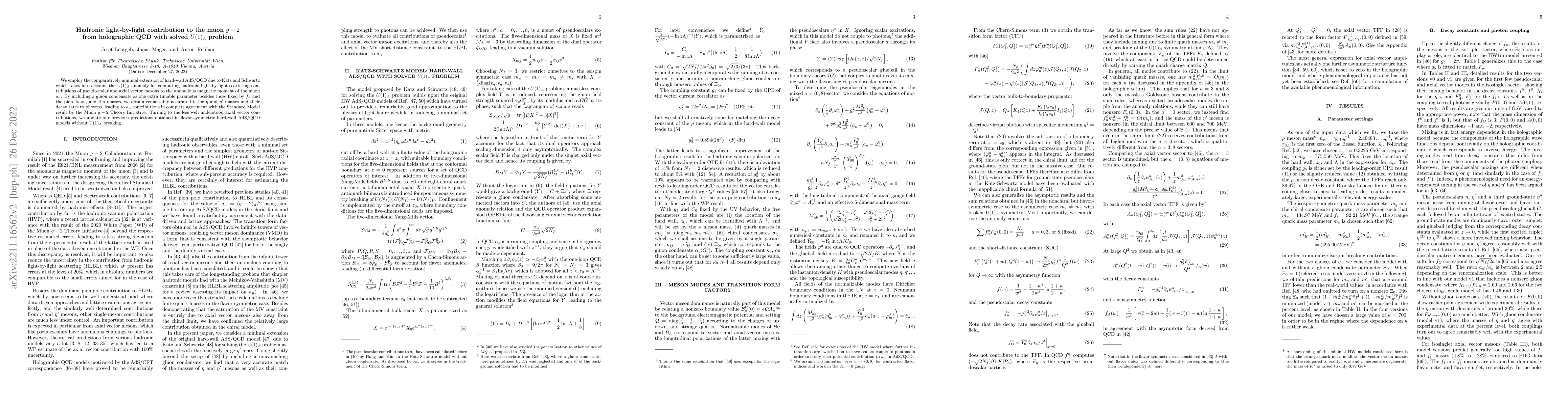 Thumbnail for Hadronic light-by-light contribution to the muon $g-2$ from holographic
  QCD with solved $U(1)_A$ problem
