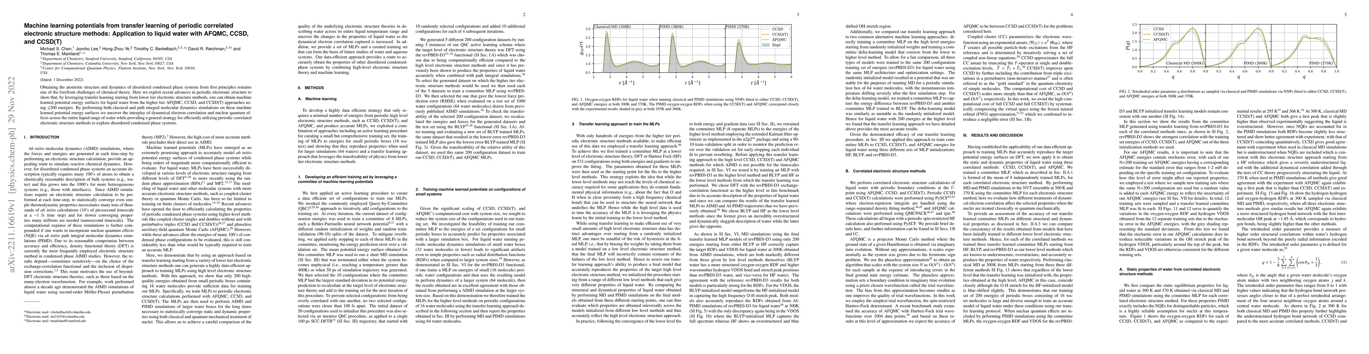 Thumbnail for Machine learning potentials from transfer learning of periodic
  correlated electronic structure methods: Application to liquid water with
  AFQMC, CCSD, and CCSD(T)
