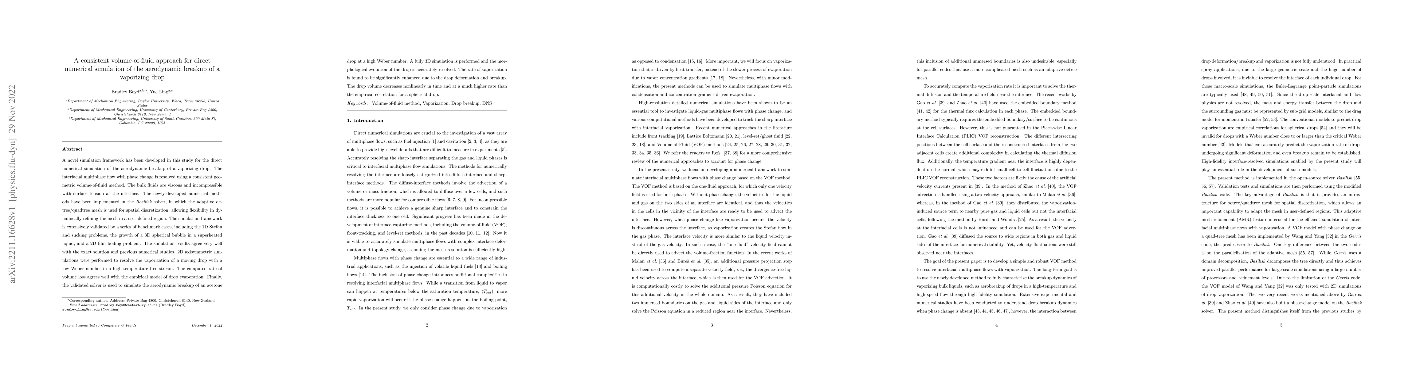 Thumbnail for A consistent volume-of-fluid approach for direct numerical simulation of
  the aerodynamic breakup of a vaporizing drop