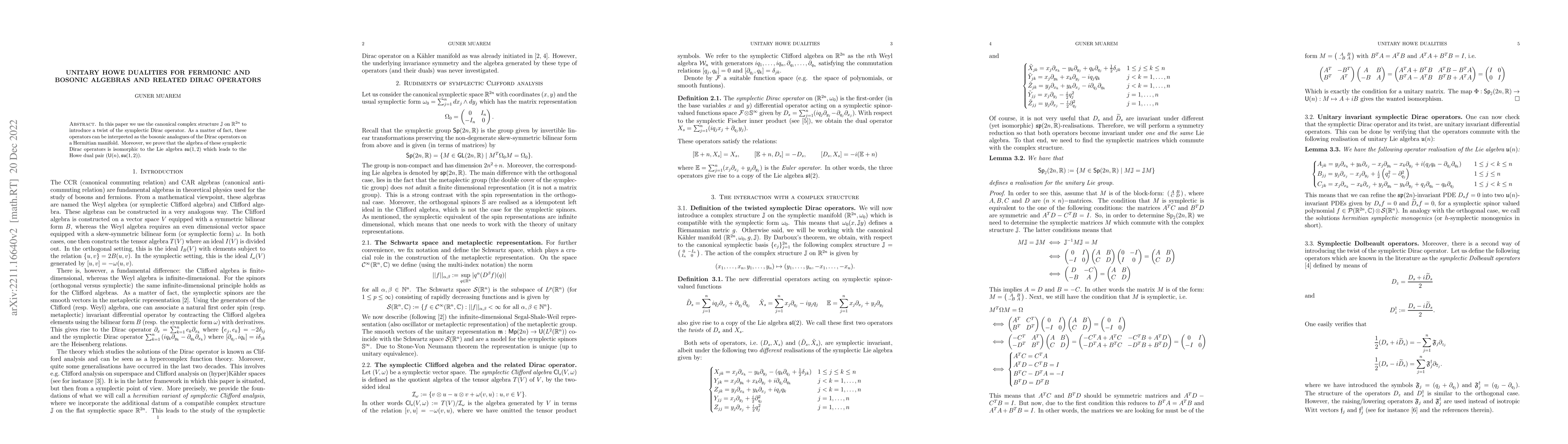 Thumbnail for Unitary Howe dualities for fermionic and bosonic algebras and related
  Dirac operators