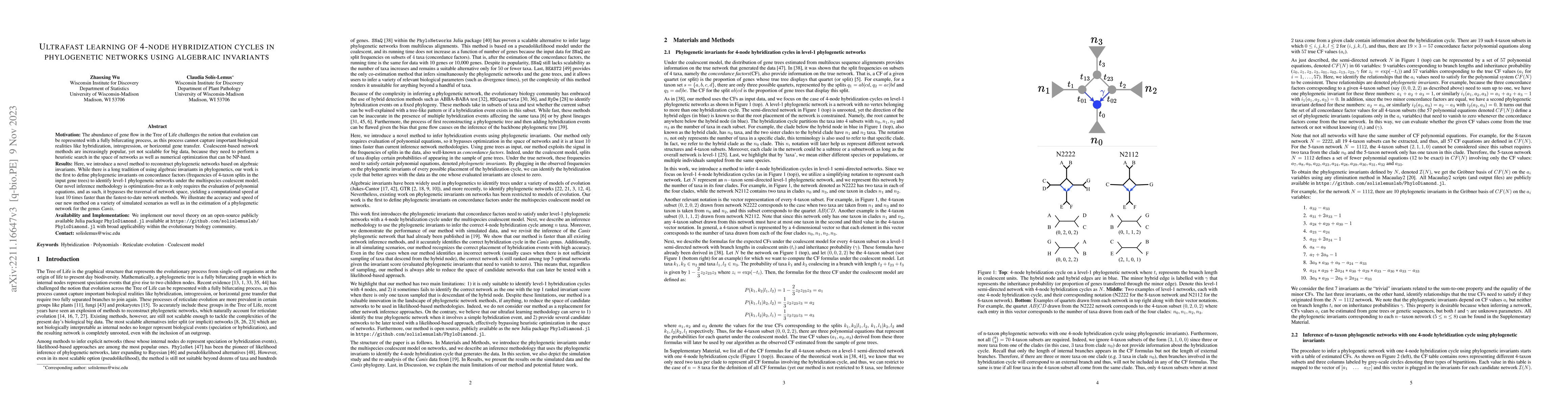 Thumbnail for Ultrafast learning of 4-node hybridization cycles in phylogenetic
  networks using algebraic invariants