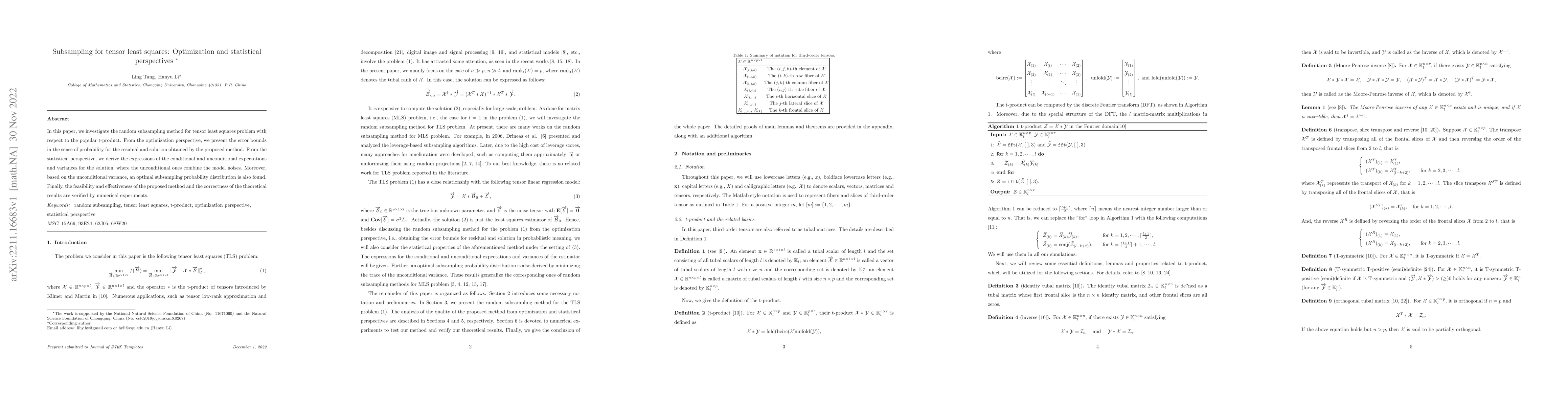 Thumbnail for Subsampling for tensor least squares: Optimization and statistical
  perspectives