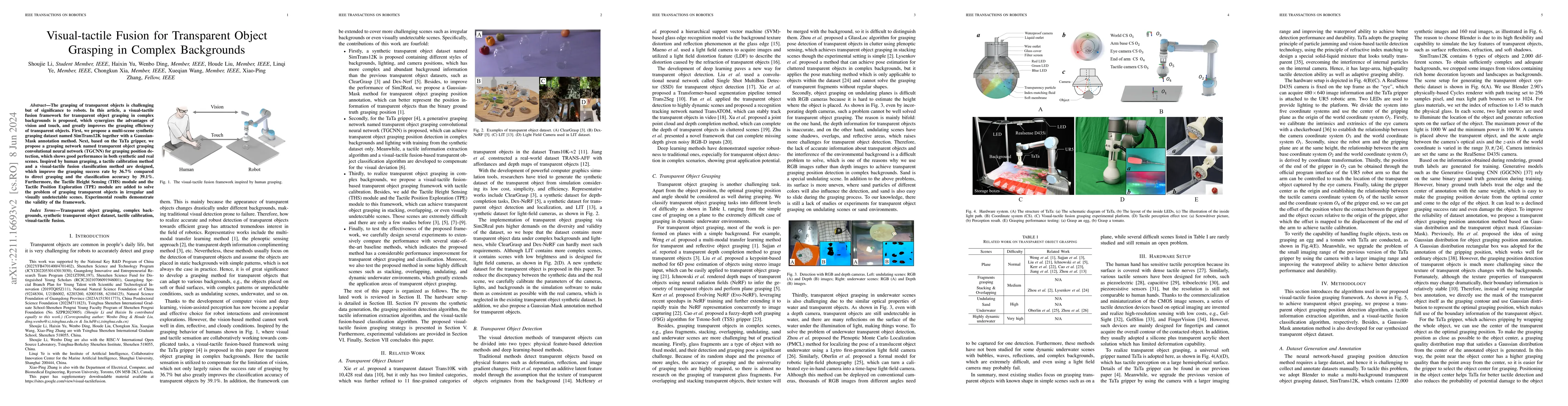 Thumbnail for Visual-tactile Fusion for Transparent Object Grasping in Complex
  Backgrounds