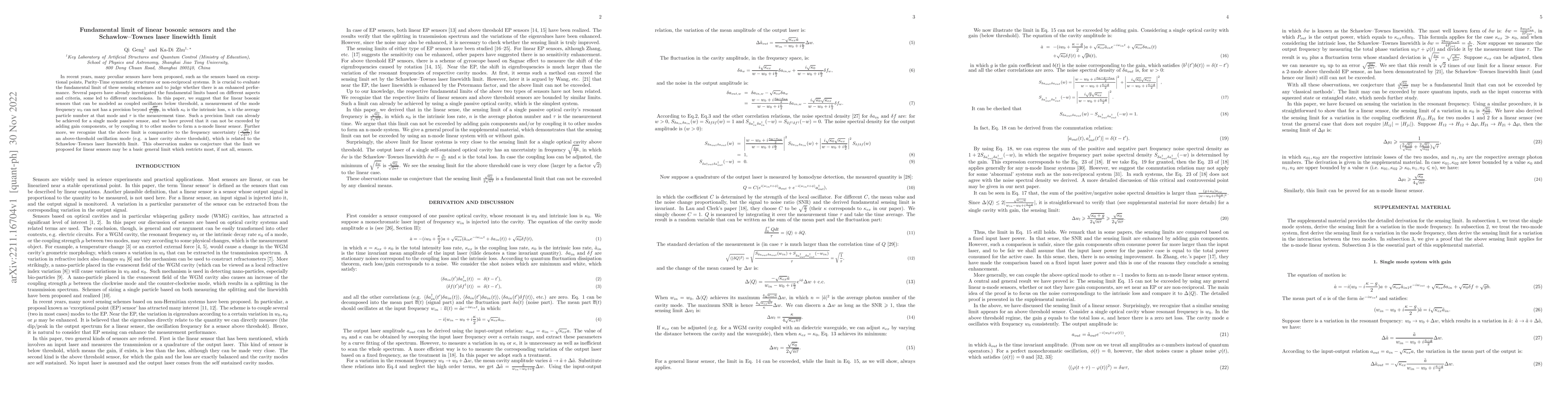 Thumbnail for Fundamental limit of linear bosonic sensors and the Schawlow-Townes
  laser linewidth limit