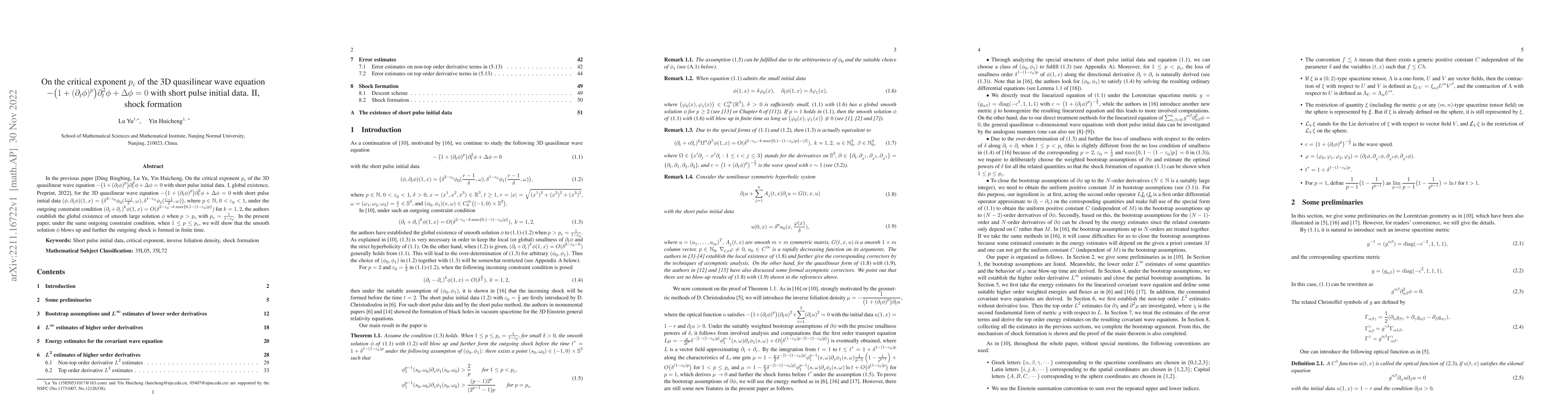 Thumbnail for On the critical exponent $p_c$ of the 3D quasilinear wave equation
  $-\big(1+(\partial_t\phi)^p\big)\partial_t^2\phi+\Delta\phi=0$ with short
  pulse initial data. II, shock formation
