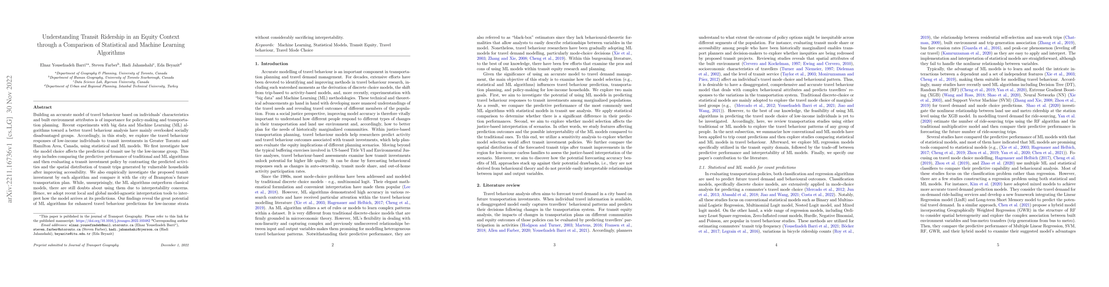 Thumbnail for Understanding transit ridership in an equity context through a
  comparison of statistical and machine learning algorithms