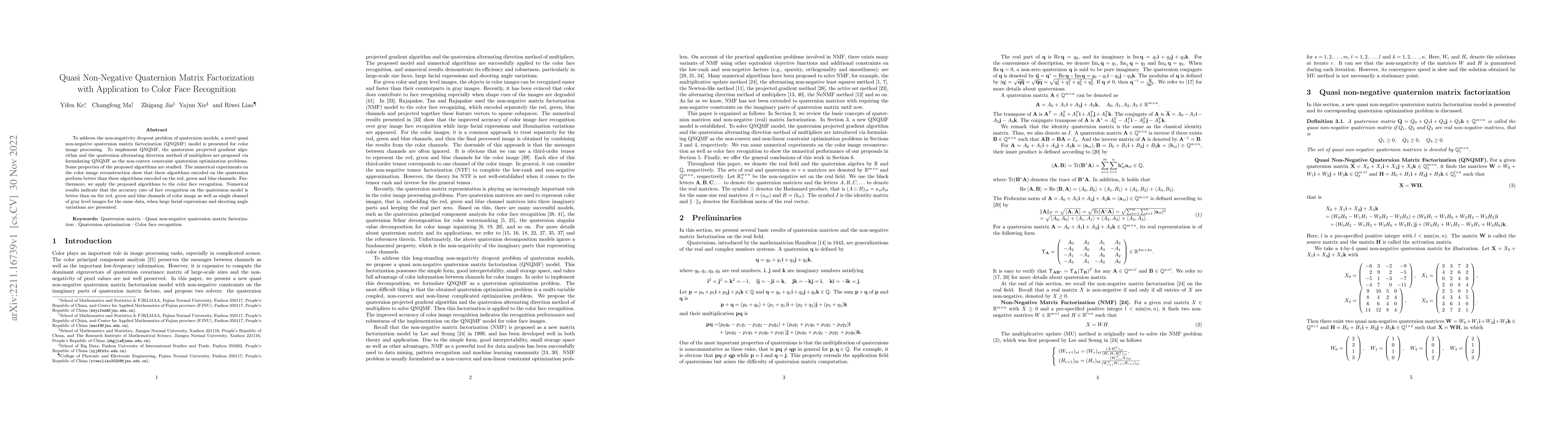 Thumbnail for Quasi Non-Negative Quaternion Matrix Factorization with Application to
  Color Face Recognition