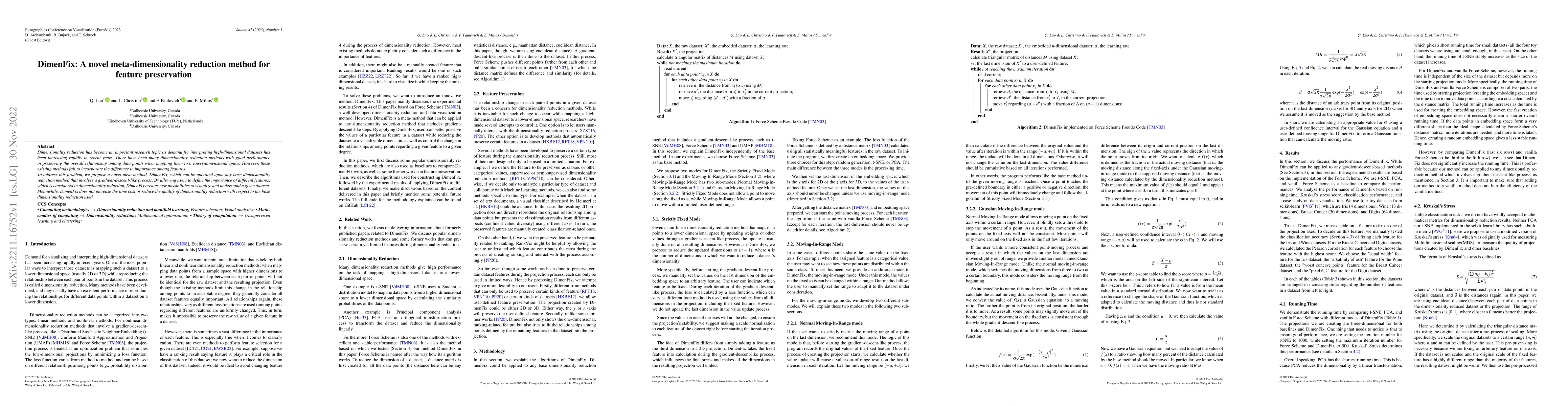 Thumbnail for DimenFix: A novel meta-dimensionality reduction method for feature
  preservation