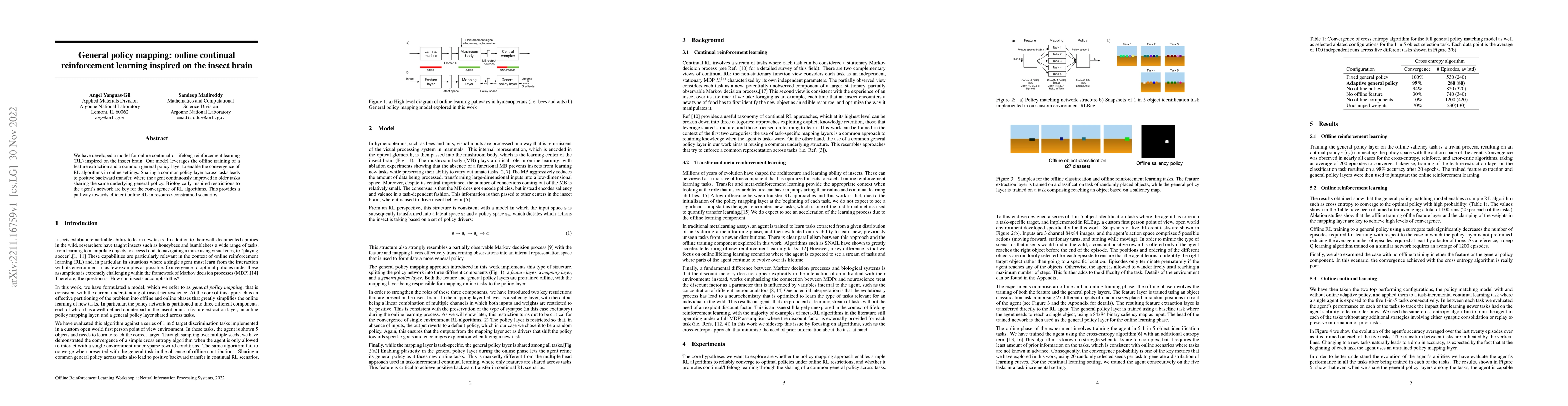 Thumbnail for General policy mapping: online continual reinforcement learning inspired
  on the insect brain