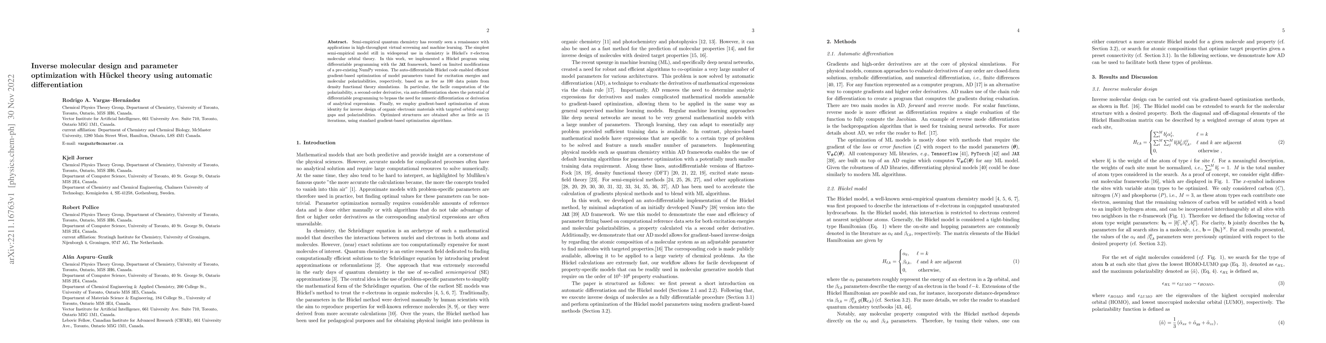 Thumbnail for Inverse molecular design and parameter optimization with H\"uckel theory
  using automatic differentiation