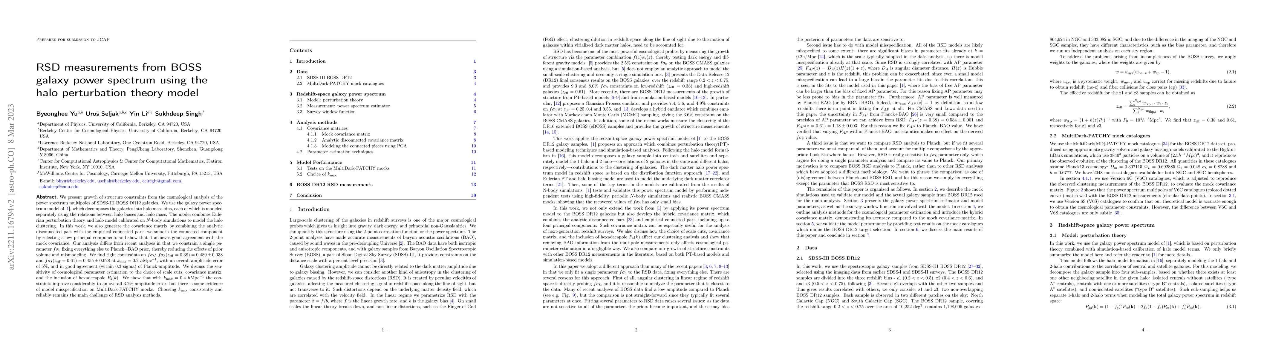Thumbnail for RSD measurements from BOSS galaxy power spectrum using the halo
  perturbation theory model