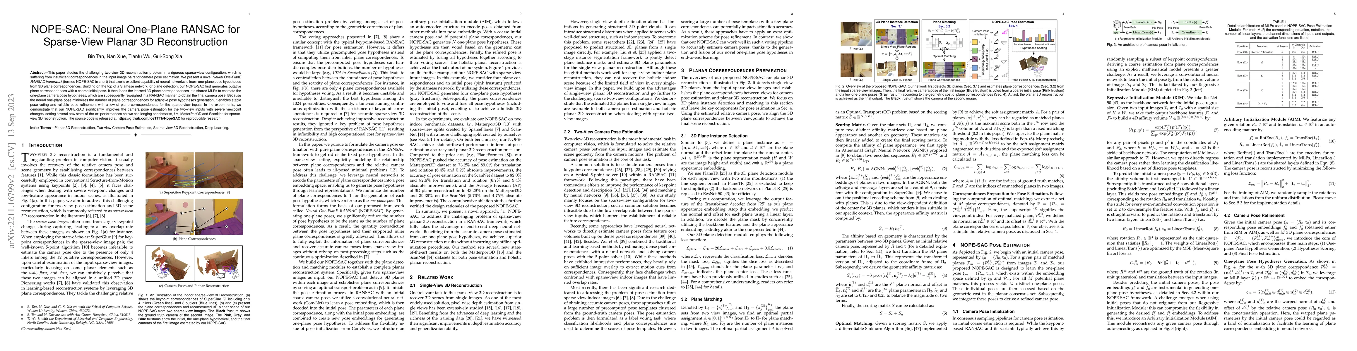 Thumbnail for NOPE-SAC: Neural One-Plane RANSAC for Sparse-View Planar 3D
  Reconstruction