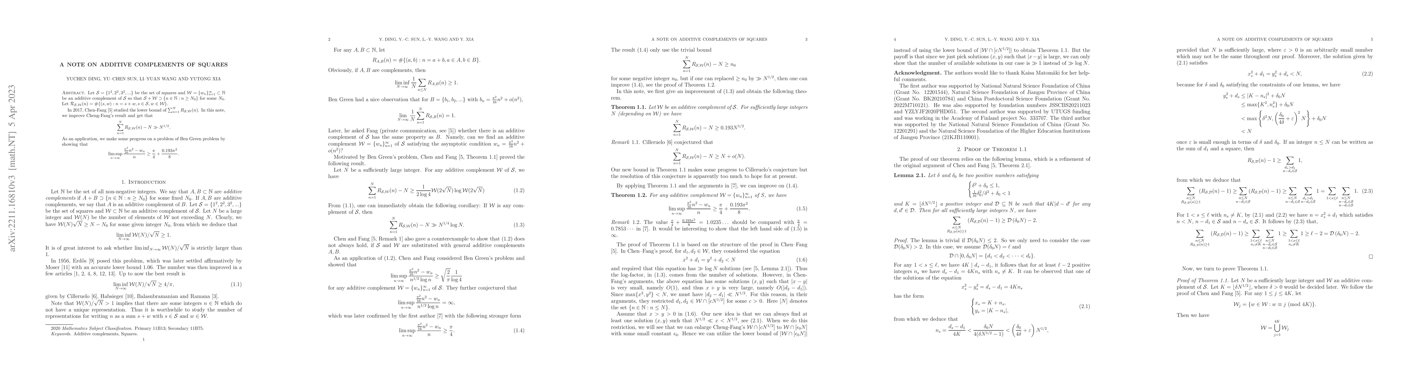 Thumbnail for A note on additive complements of the squares