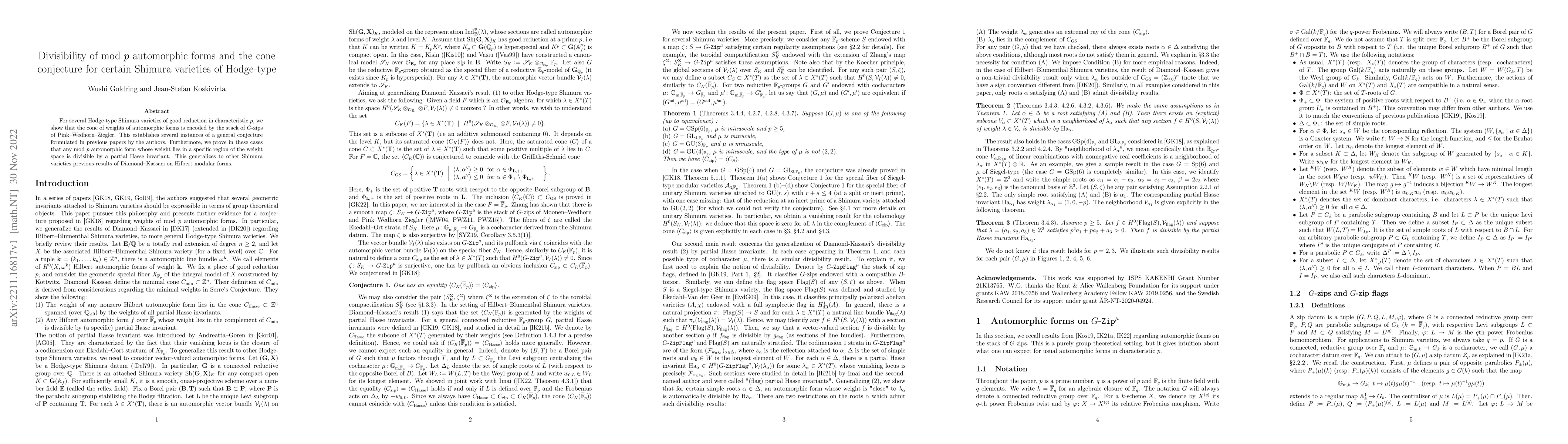 Thumbnail for Divisibility of mod $p$ automorphic forms and the cone conjecture for
  certain Shimura varieties of Hodge-type