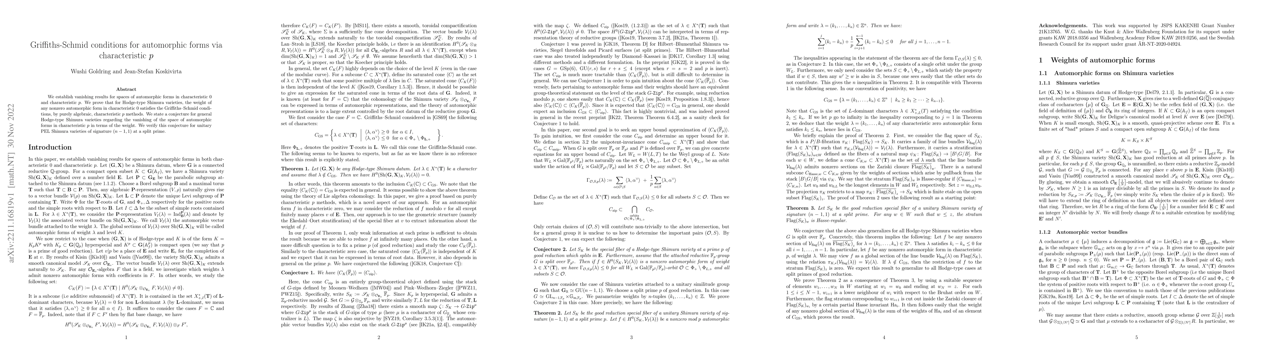 Thumbnail for Griffiths-Schmid conditions for automorphic forms via characteristic $p$