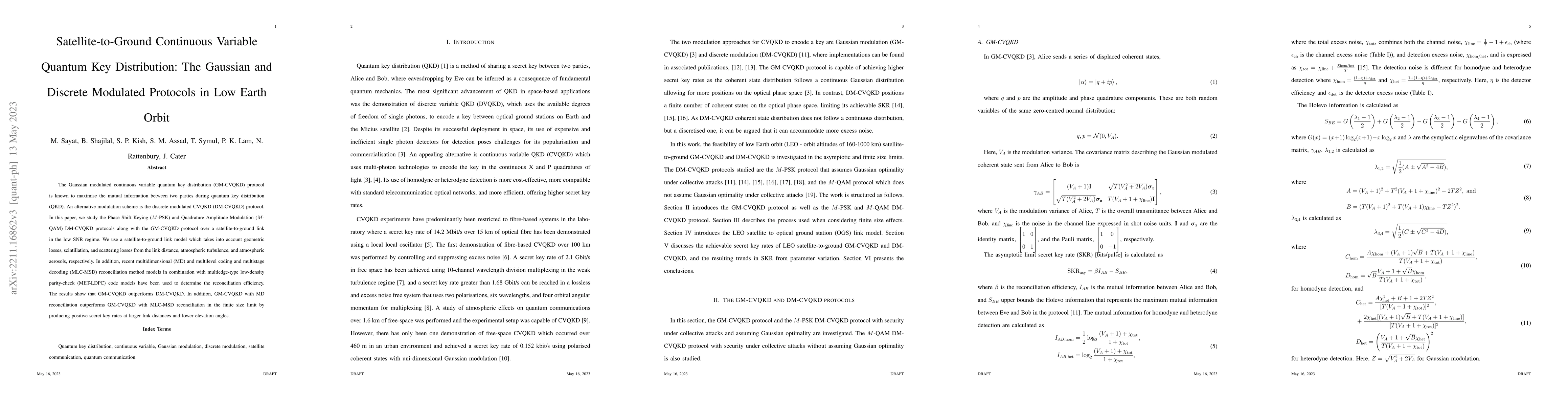 Thumbnail for Satellite-to-Ground Continuous Variable Quantum Key Distribution: The
  Gaussian and Discrete Modulated Protocols in Low Earth Orbit