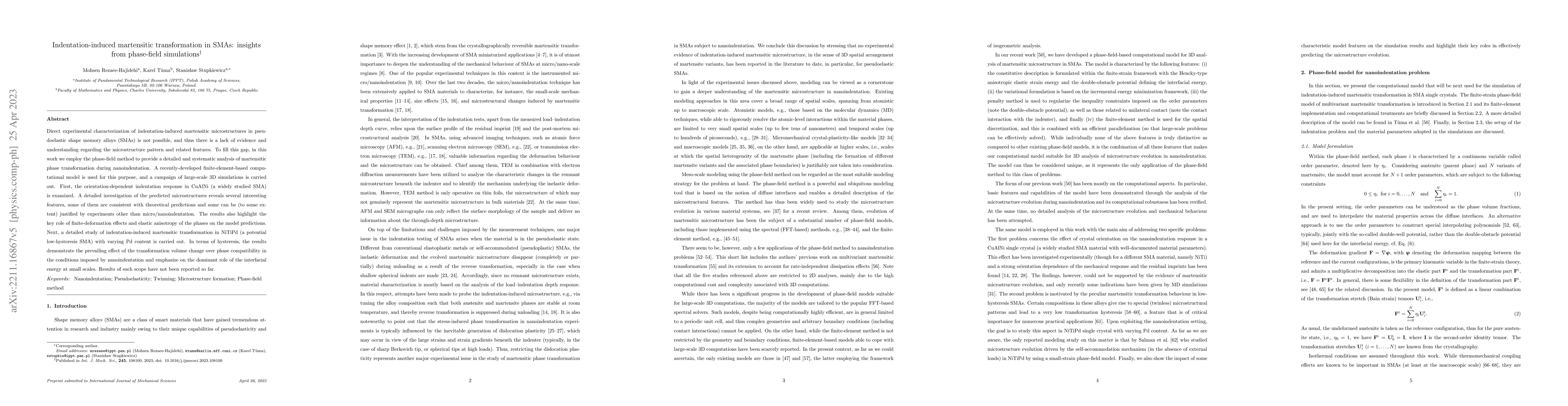Thumbnail for Indentation-induced martensitic transformation in SMAs: insights from
  phase-field simulations