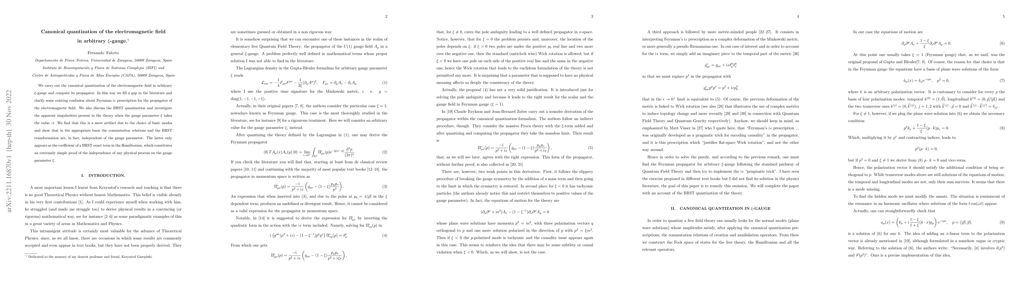 Thumbnail for Canonical quantization of the electromagnetic field in arbitrary
  $\xi$-gauge