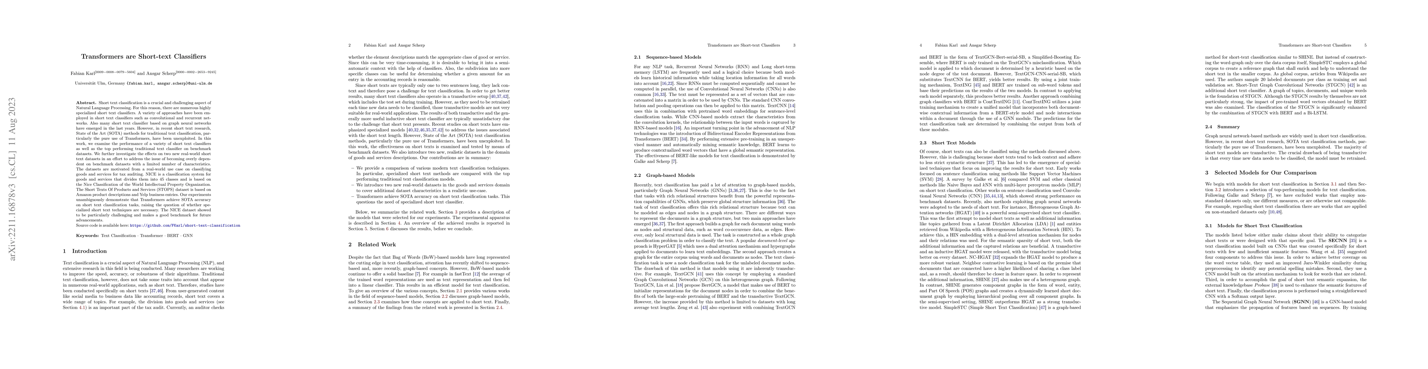 Thumbnail for Transformers are Short Text Classifiers: A Study of Inductive Short Text
  Classifiers on Benchmarks and Real-world Datasets