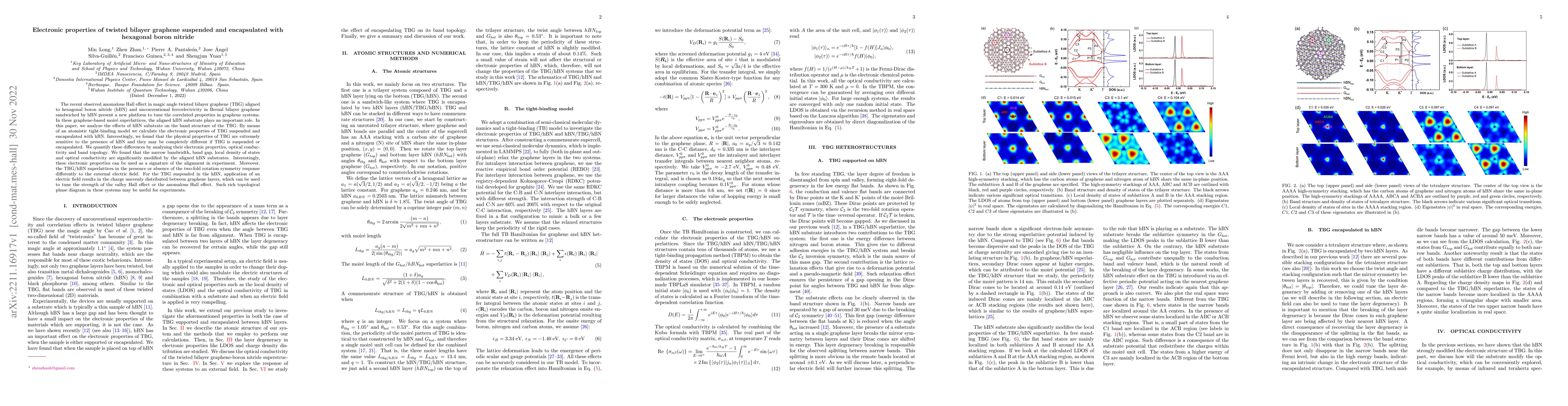 Thumbnail for Electronic properties of twisted bilayer graphene suspended and
  encapsulated with hexagonal boron nitride