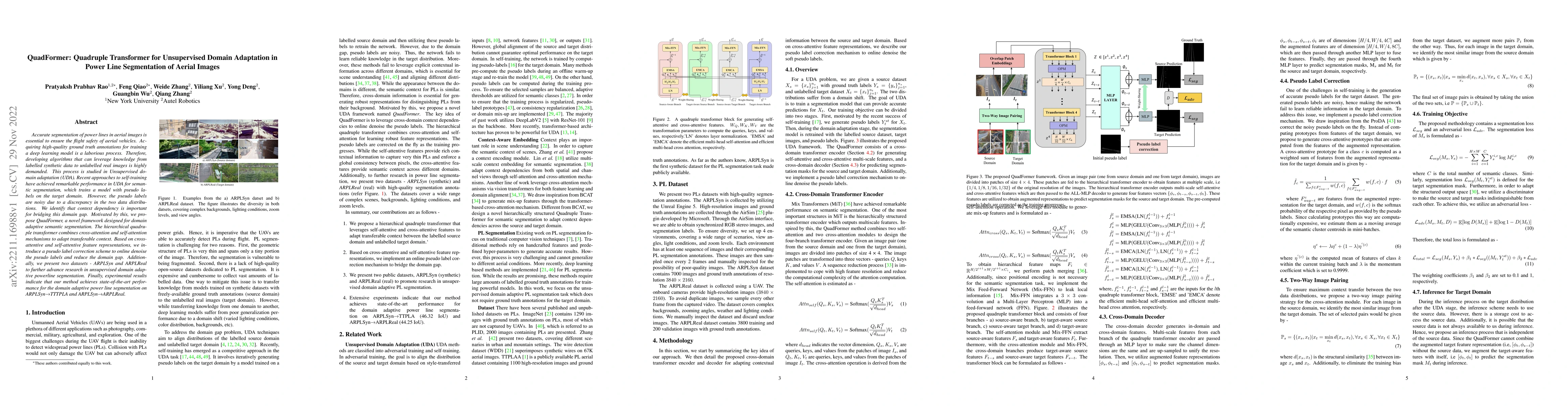 Thumbnail for QuadFormer: Quadruple Transformer for Unsupervised Domain Adaptation in
  Power Line Segmentation of Aerial Images