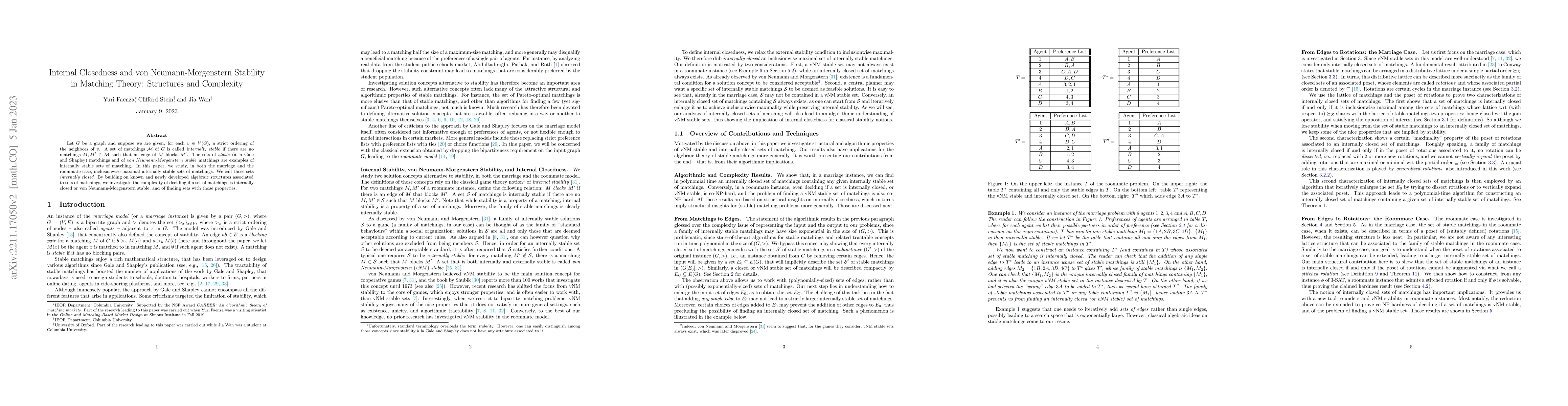 Thumbnail for Internal Closedness and von Neumann-Morgenstern Stability in Matching
  Theory: Structures and Complexity