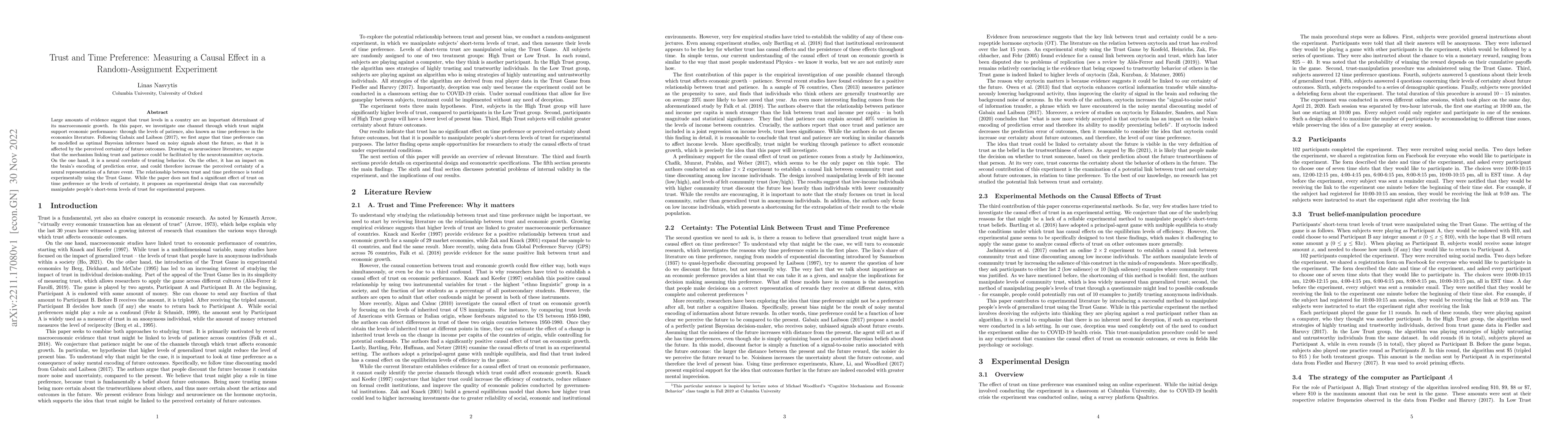 Thumbnail for Trust and Time Preference: Measuring a Causal Effect in a
  Random-Assignment Experiment