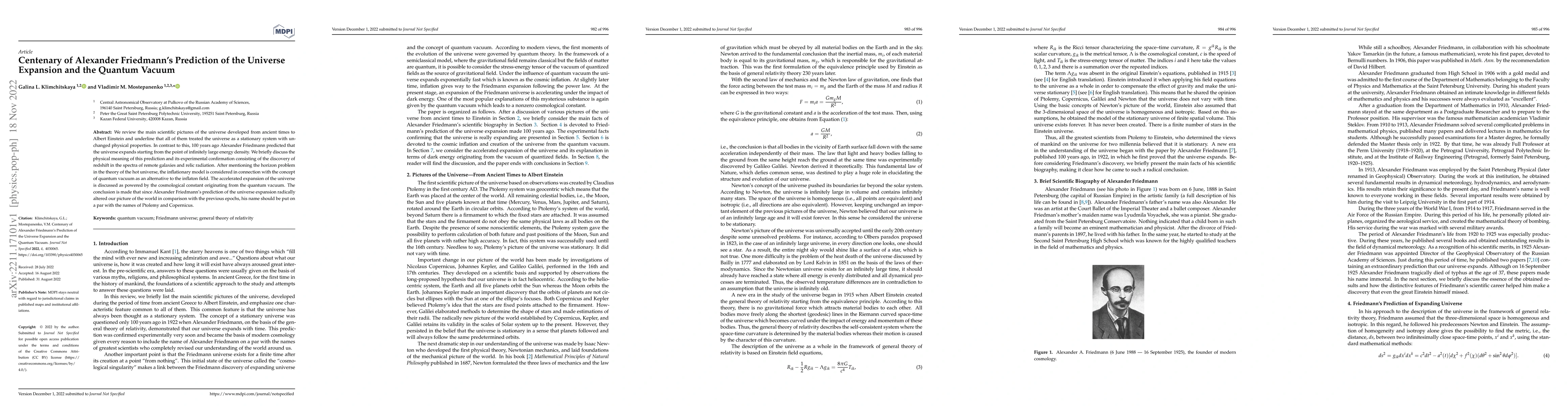 Thumbnail for Centenary of Alexander Friedmann's Prediction of the Universe Expansion
  and the Quantum Vacuum