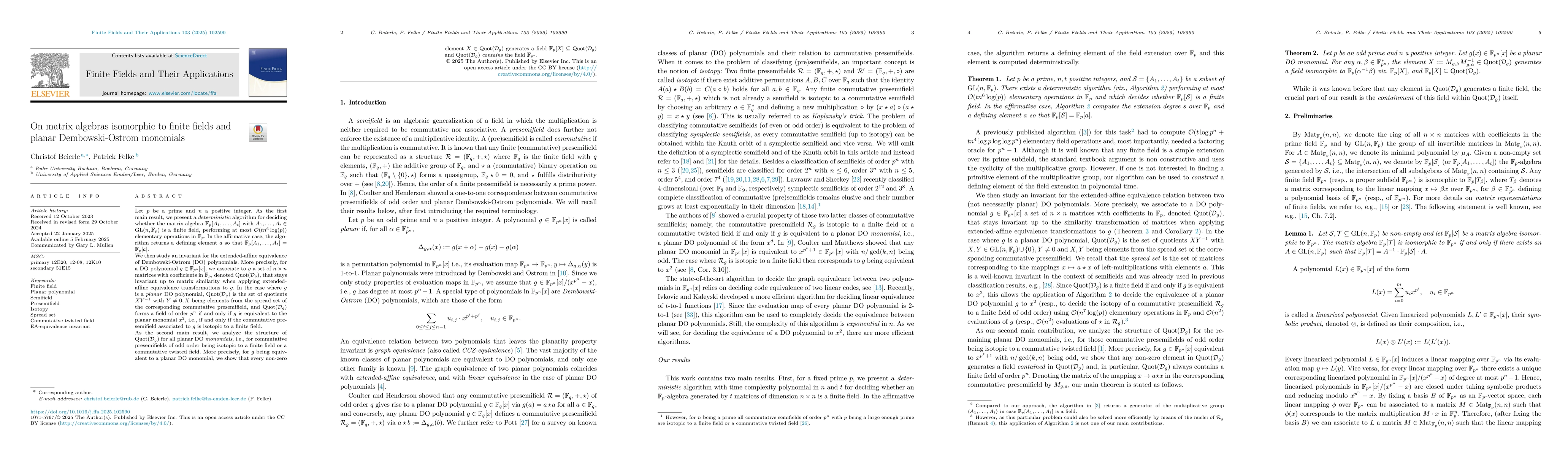 Thumbnail for On Matrix Algebras Isomorphic to Finite Fields and Planar
  Dembowski-Ostrom Monomials