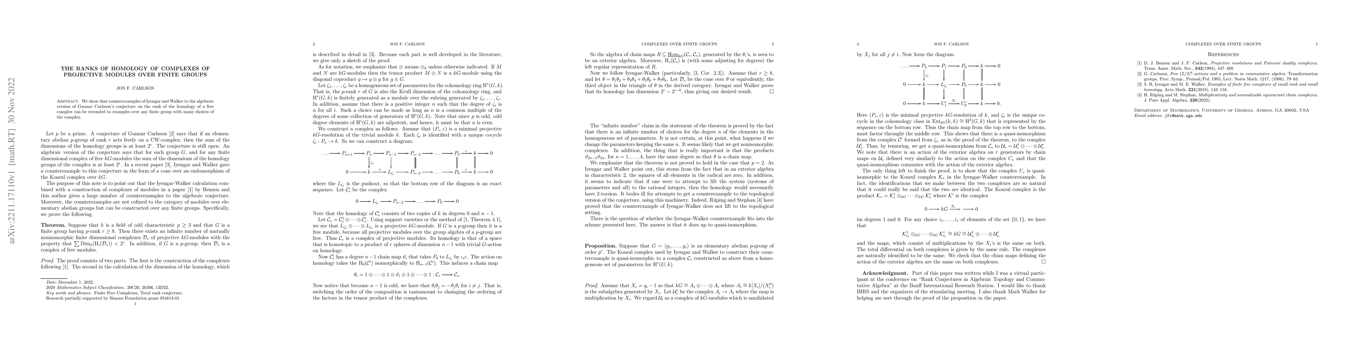 Thumbnail for The ranks of homology of complexes of projective modules over finite
  groups