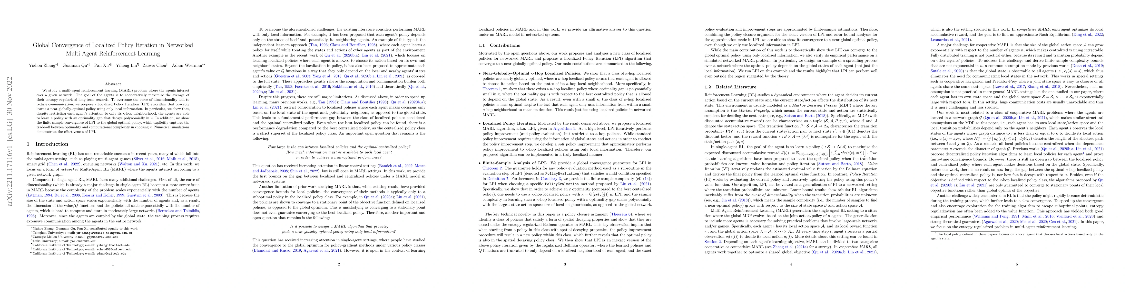 Thumbnail for Global Convergence of Localized Policy Iteration in Networked
  Multi-Agent Reinforcement Learning