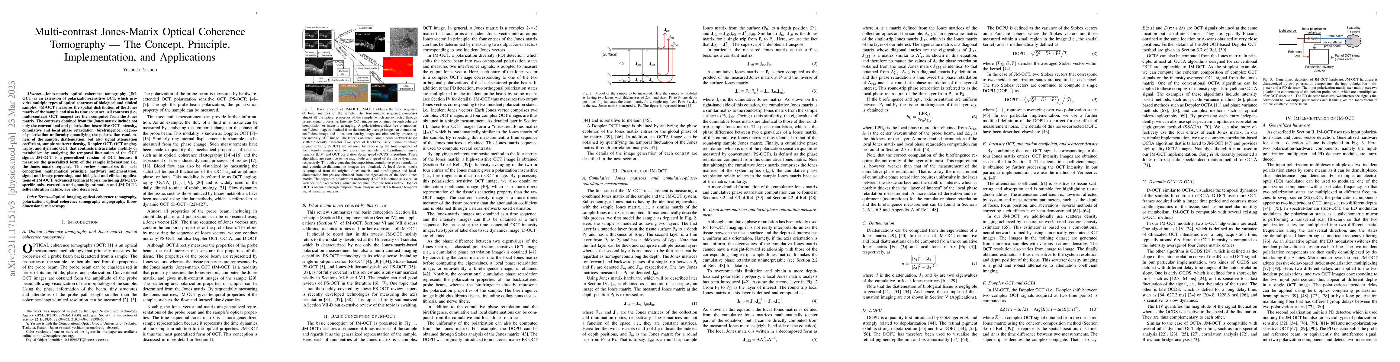 Thumbnail for Multi-contrast Jones-matrix optical coherence tomography -- the concept,
  principle, implementation, and applications