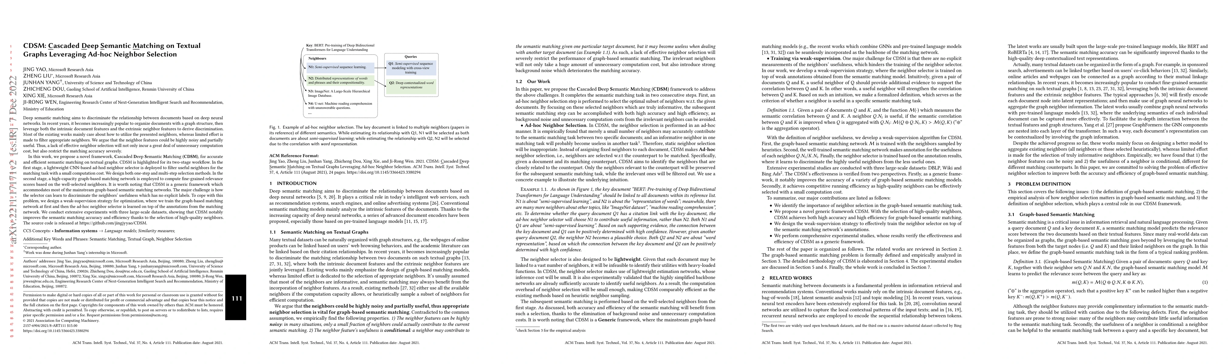 Thumbnail for CDSM: Cascaded Deep Semantic Matching on Textual Graphs Leveraging
  Ad-hoc Neighbor Selection